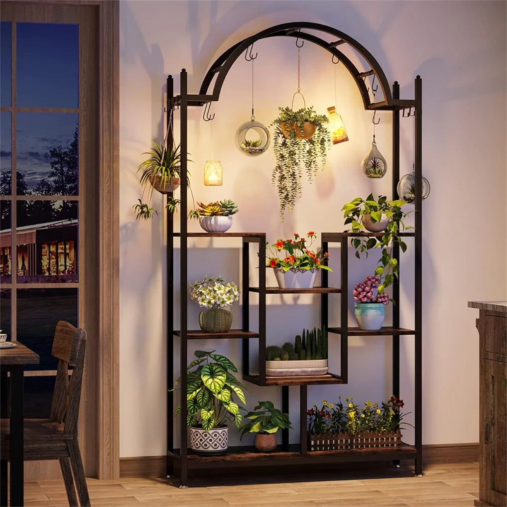 5-Tier Arched Metal & Wood Plant Stand – Tall, Vintage-Style Flower Shelf with Hanging Hooks