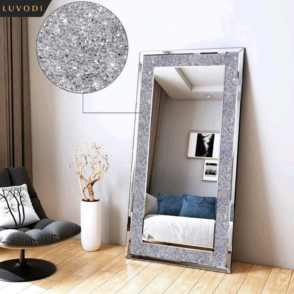 Luxury Silver Crystal Vanity Mirror – Large Frameless Wall Dressing Mirror with Rhinestone Detailing