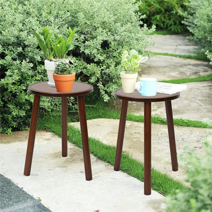 Set of 2 Small Round Wooden End Side Tables – 3-Leg Plant Stands & Flower Pot Holders