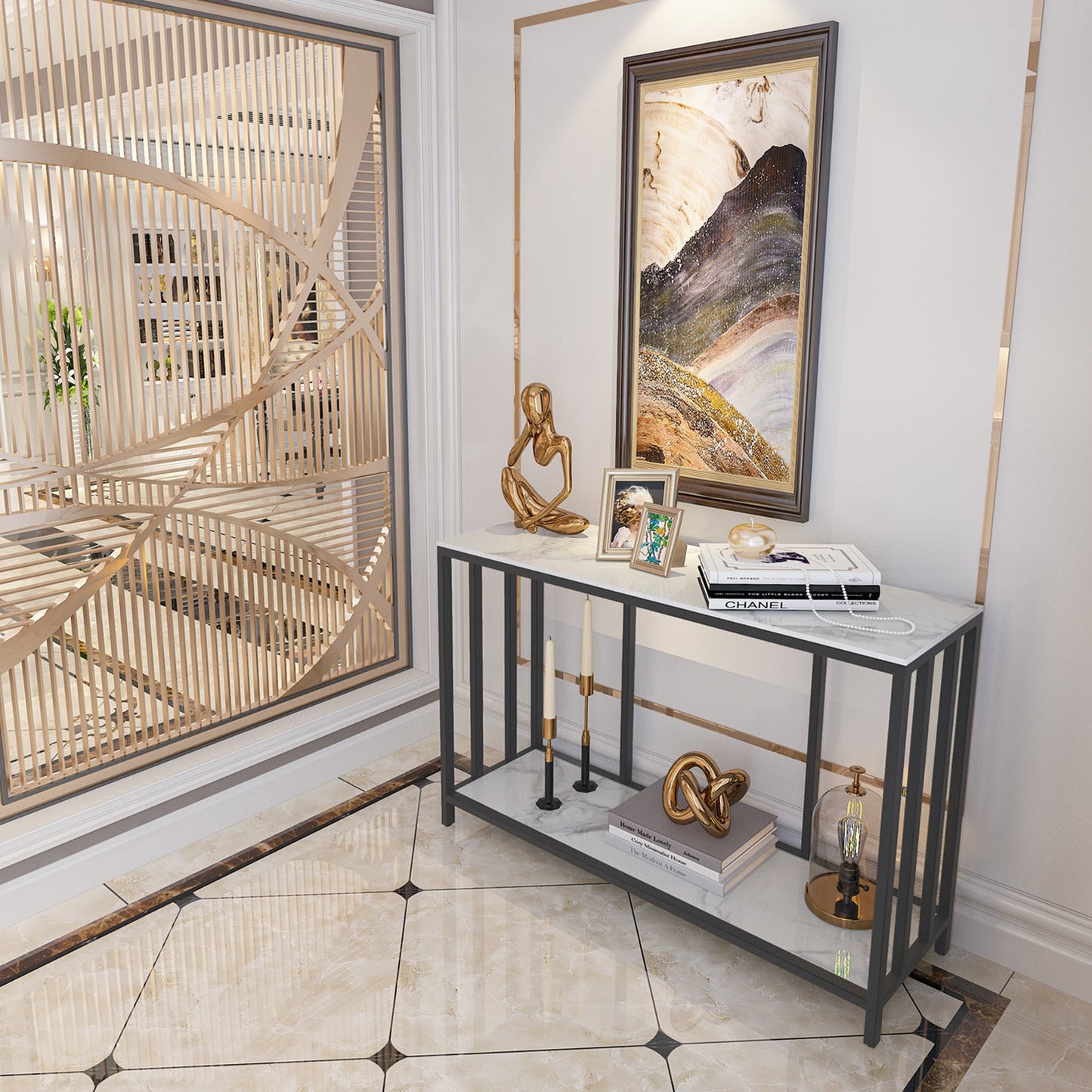 Modern Sintered Stone Console Table with Metal Base