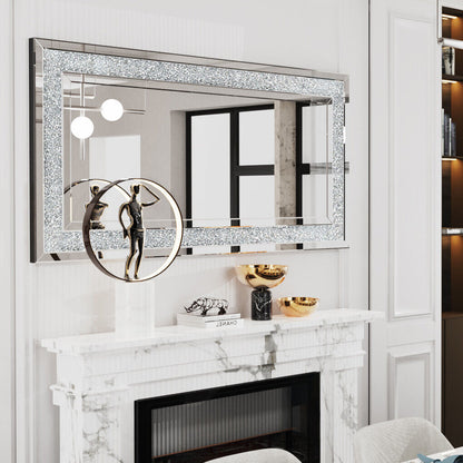 Luxury Silver Crystal Vanity Mirror – Large Frameless Wall Dressing Mirror with Rhinestone Detailing